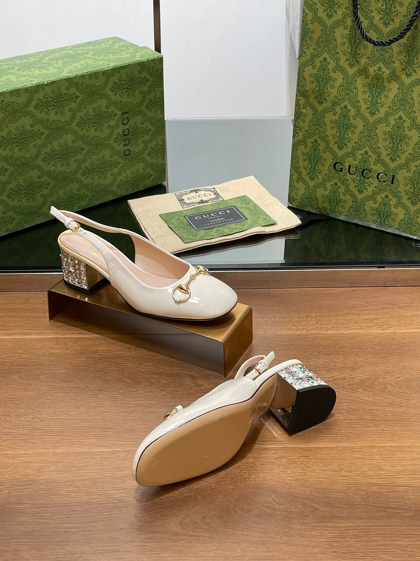 WOMEN'S HORSEBIT SLINGBACK 55MM IN WHITE CALFSKIN WITH RHINSTONES - Image 9