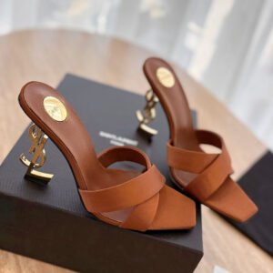OPYUM OPEN TOE HIGH 10 CM MULES IN BRONZE BROWN CALFSKIN