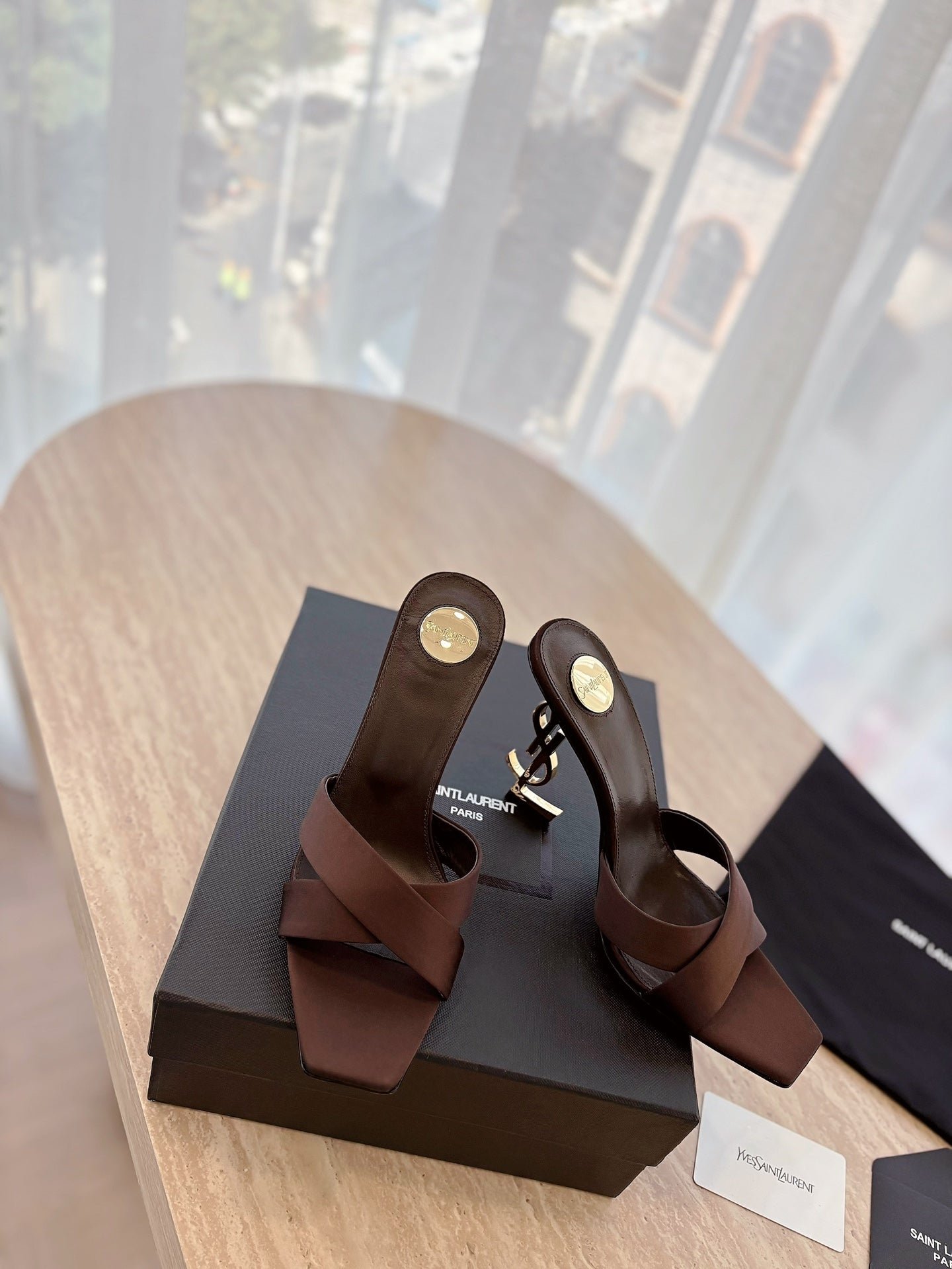 OPYUM OPEN TOE HIGH 10 CM MULES IN CHOCOLATE BROWN CALFSKIN - Image 3