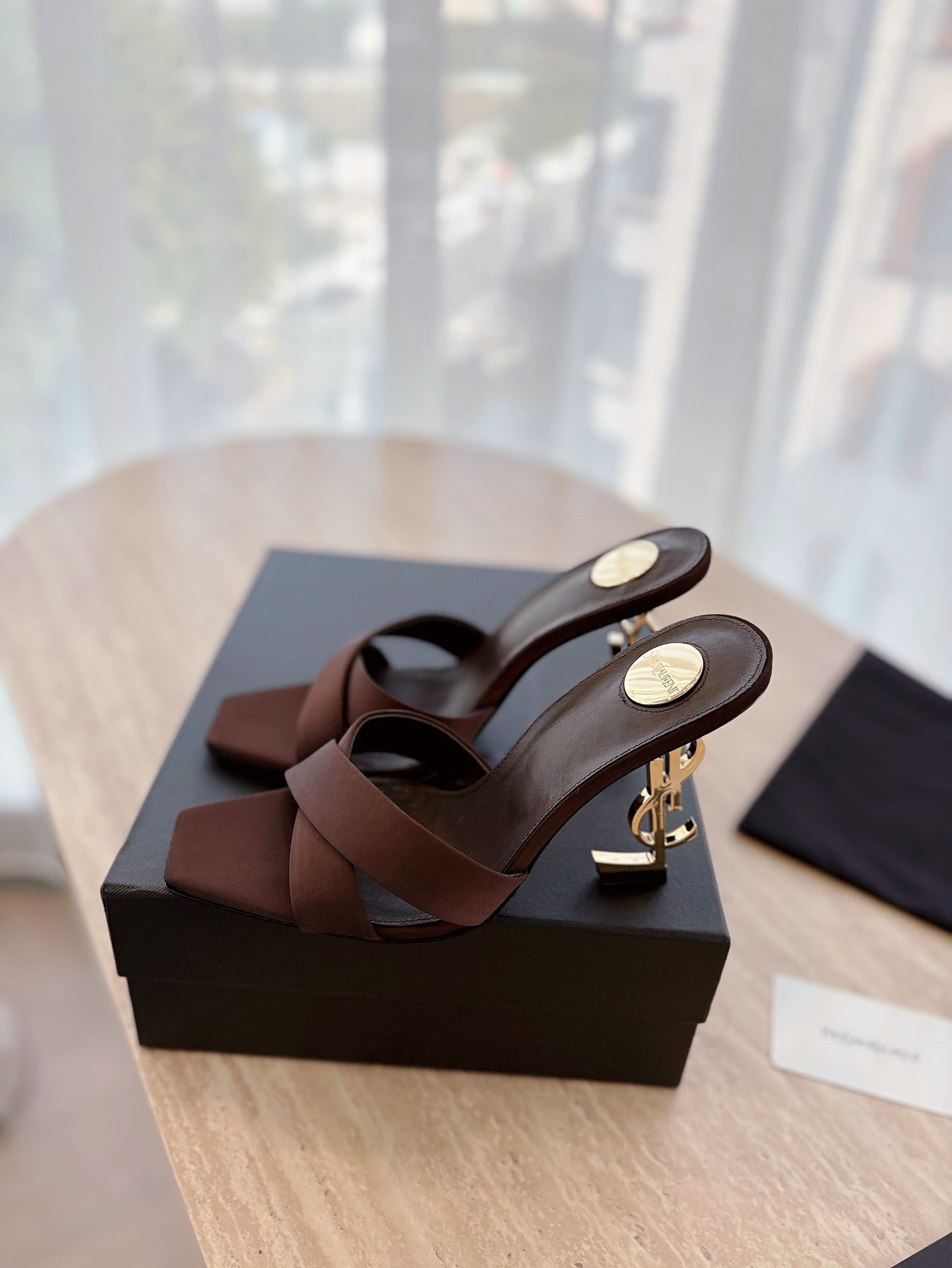 OPYUM OPEN TOE HIGH 10 CM MULES IN CHOCOLATE BROWN CALFSKIN - Image 2