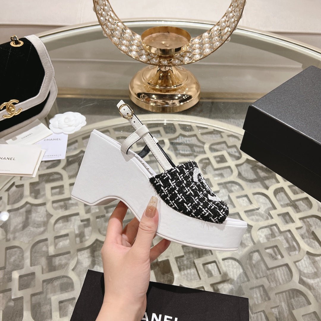 WEDGE SANDALS IN BLACK FABRIC WITH WHITE LOGO - Image 6