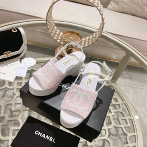 WEDGE SANDALS IN LIGHT PINK FABRIC WITH WHITE LOGO