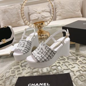 WEDGE SANDALS IN BLACK MIX WHITE FABRIC WITH LOGO