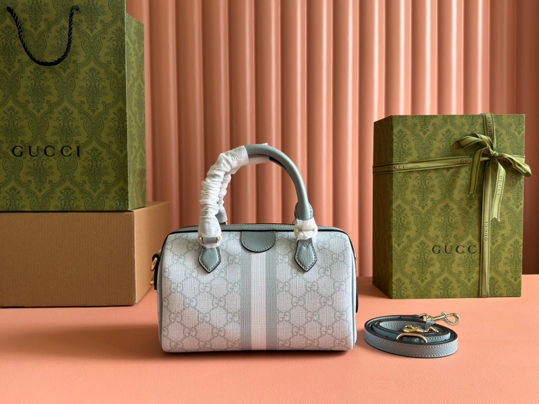 OPHIDIA TOP HANDLE BAG 21 IN GREY-GREEN MONOGRAM CANVAS AND CALFSKIN TRIM GOLD HARDWARE - Image 5