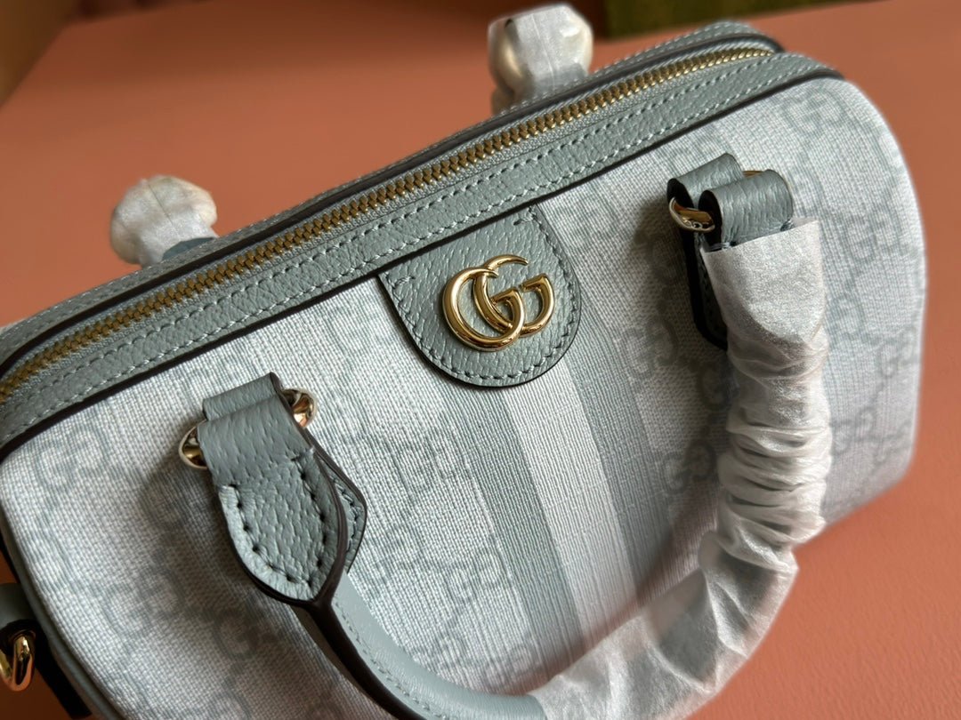 OPHIDIA TOP HANDLE BAG 21 IN GREY-GREEN MONOGRAM CANVAS AND CALFSKIN TRIM GOLD HARDWARE - Image 9