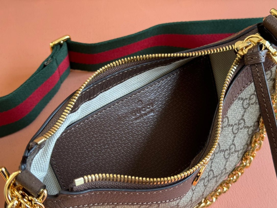 OPHIDIA SMALL SHOULDER BAG 25 IN BEIGE EBONY CANVAS AND DARK BROWN LAMBSKIN GOLD HARDWARE - Image 2