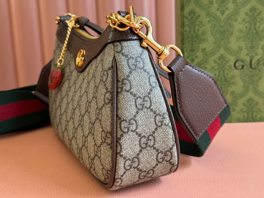 OPHIDIA SMALL SHOULDER BAG 25 IN BEIGE EBONY CANVAS AND DARK BROWN LAMBSKIN GOLD HARDWARE - Image 3