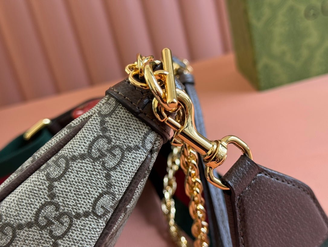 OPHIDIA SMALL SHOULDER BAG 25 IN BEIGE EBONY CANVAS AND DARK BROWN LAMBSKIN GOLD HARDWARE - Image 8