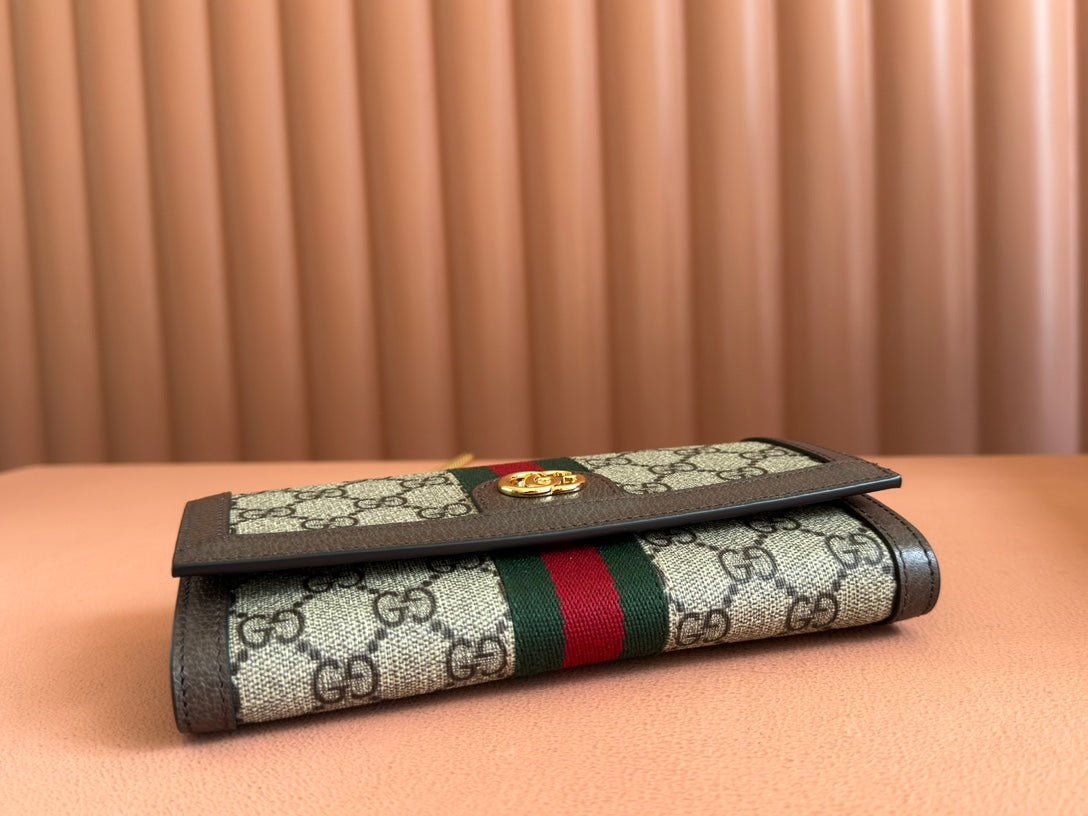 OPHIDIA WALLET ON GOLD CHAIN 19 IN BEIGE AND DARK BROWN CANVAS AND BROWN CALFSKIN - Image 4