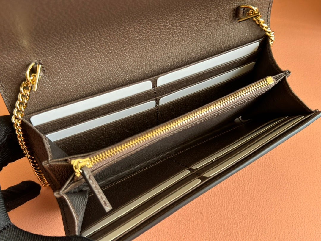 OPHIDIA WALLET ON GOLD CHAIN 19 IN BEIGE AND DARK BROWN CANVAS AND BROWN CALFSKIN - Image 6
