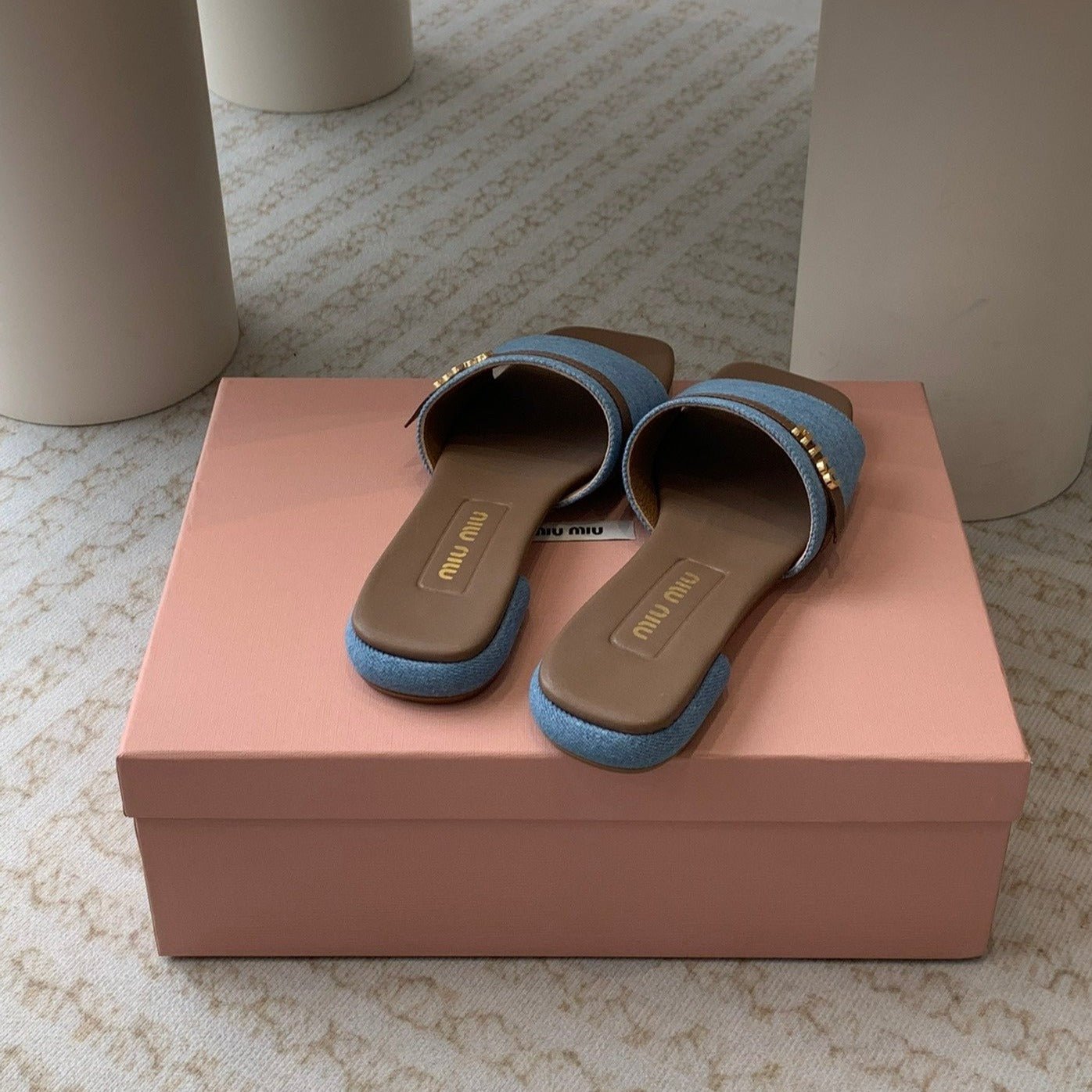 Women's Caramel Denim Slippers With Azure Blue Straps And Belt - Image 5