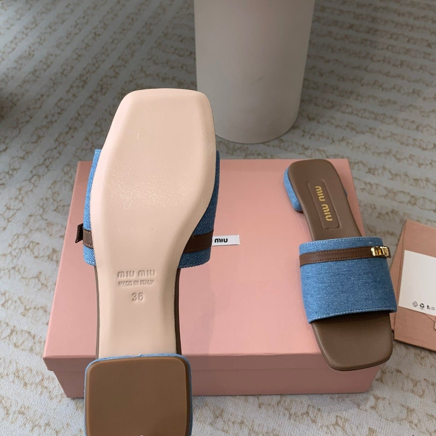 Women's Caramel Denim Slippers With Azure Blue Straps And Belt - Image 9