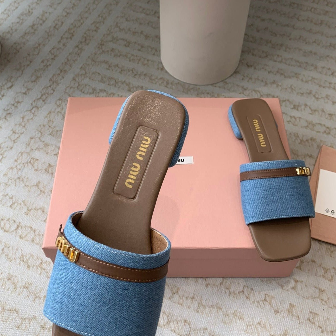 Women's Caramel Denim Slippers With Azure Blue Straps And Belt - Image 8