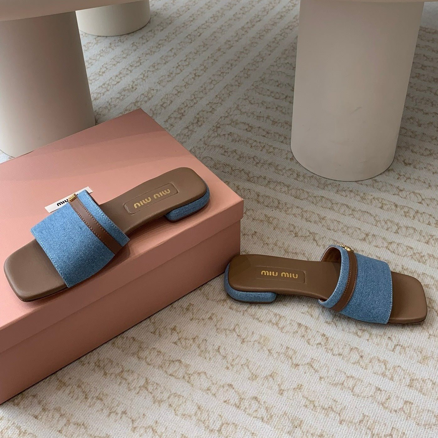 Women's Caramel Denim Slippers With Azure Blue Straps And Belt - Image 4