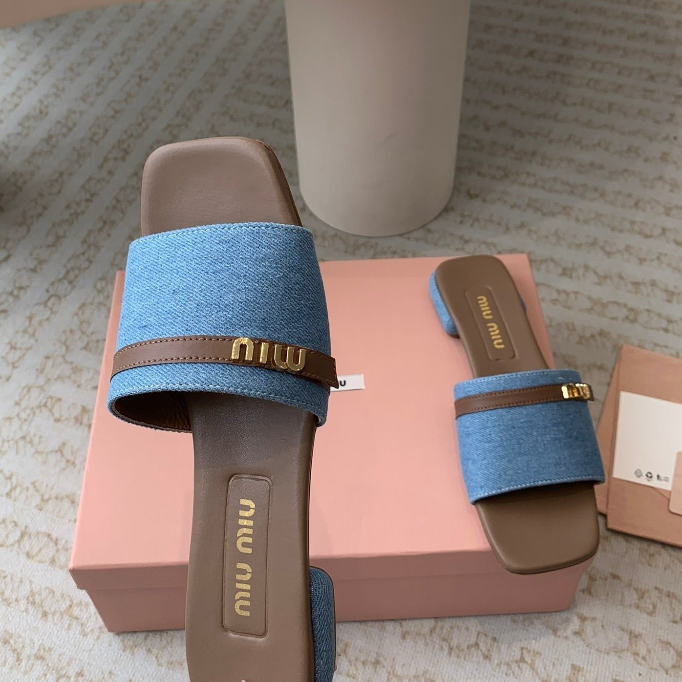 Women's Caramel Denim Slippers With Azure Blue Straps And Belt - Image 6