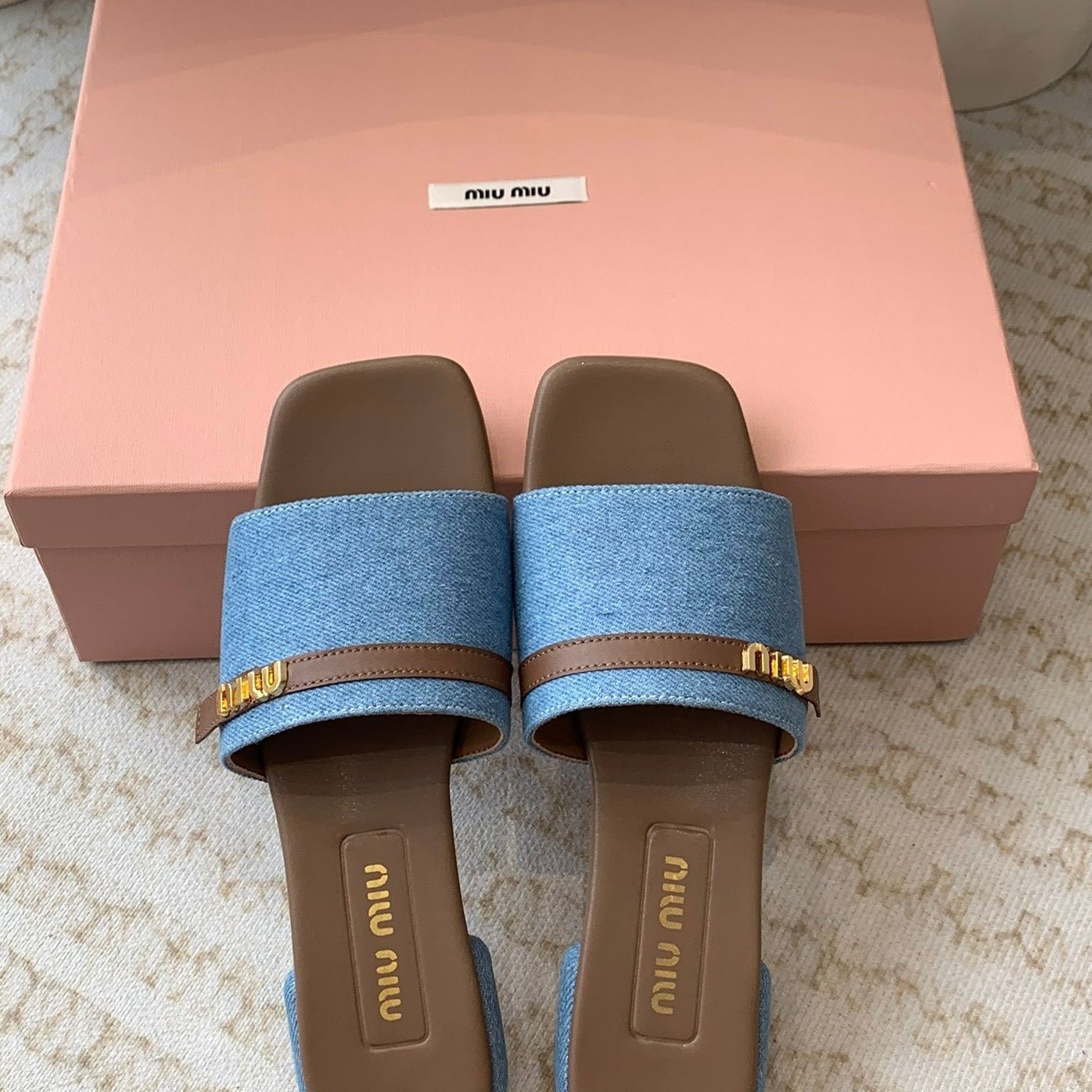 Women's Caramel Denim Slippers With Azure Blue Straps And Belt - Image 2