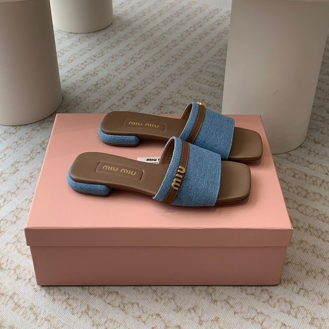 Women's Caramel Denim Slippers With Azure Blue Straps And Belt - Image 3