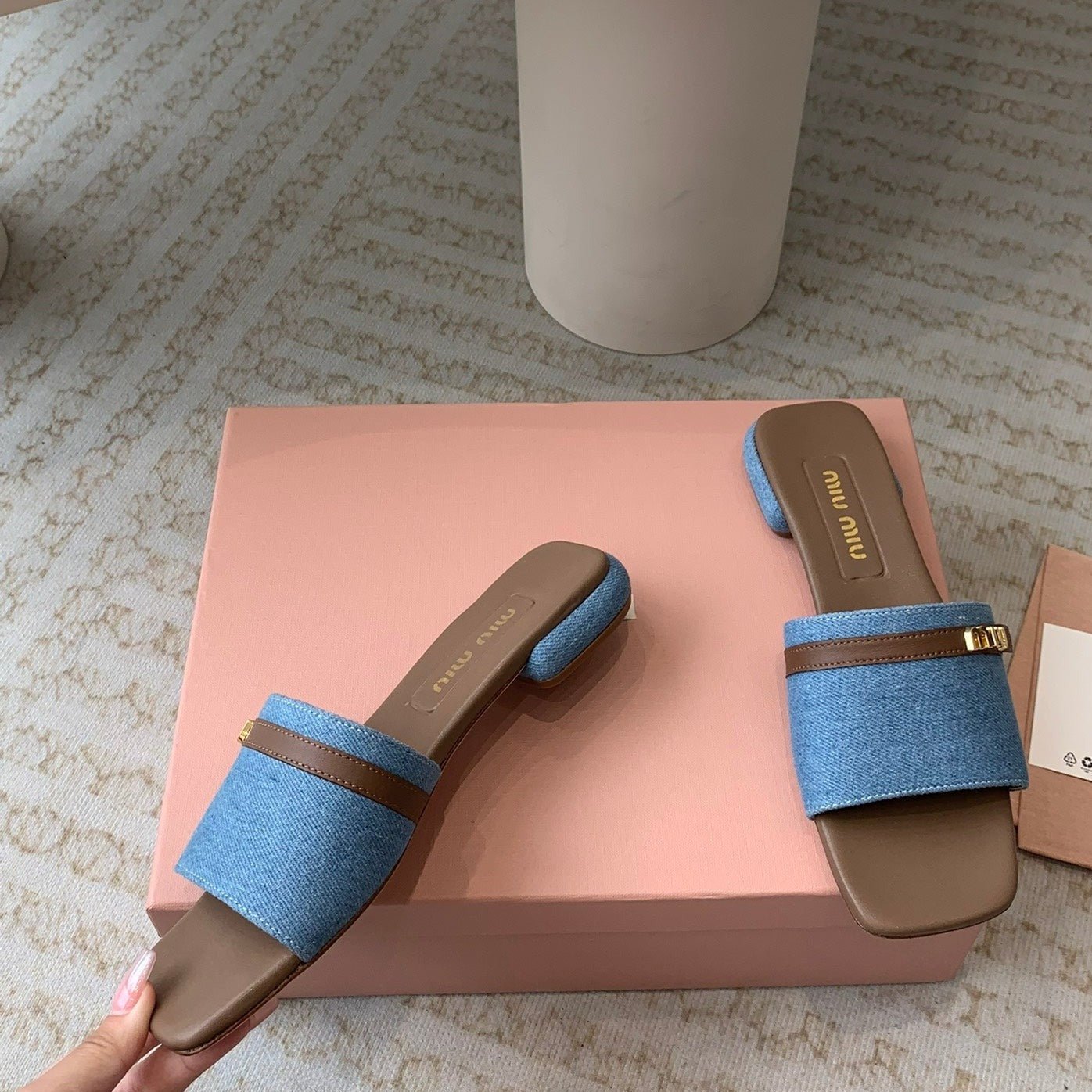 Women's Caramel Denim Slippers With Azure Blue Straps And Belt - Image 7