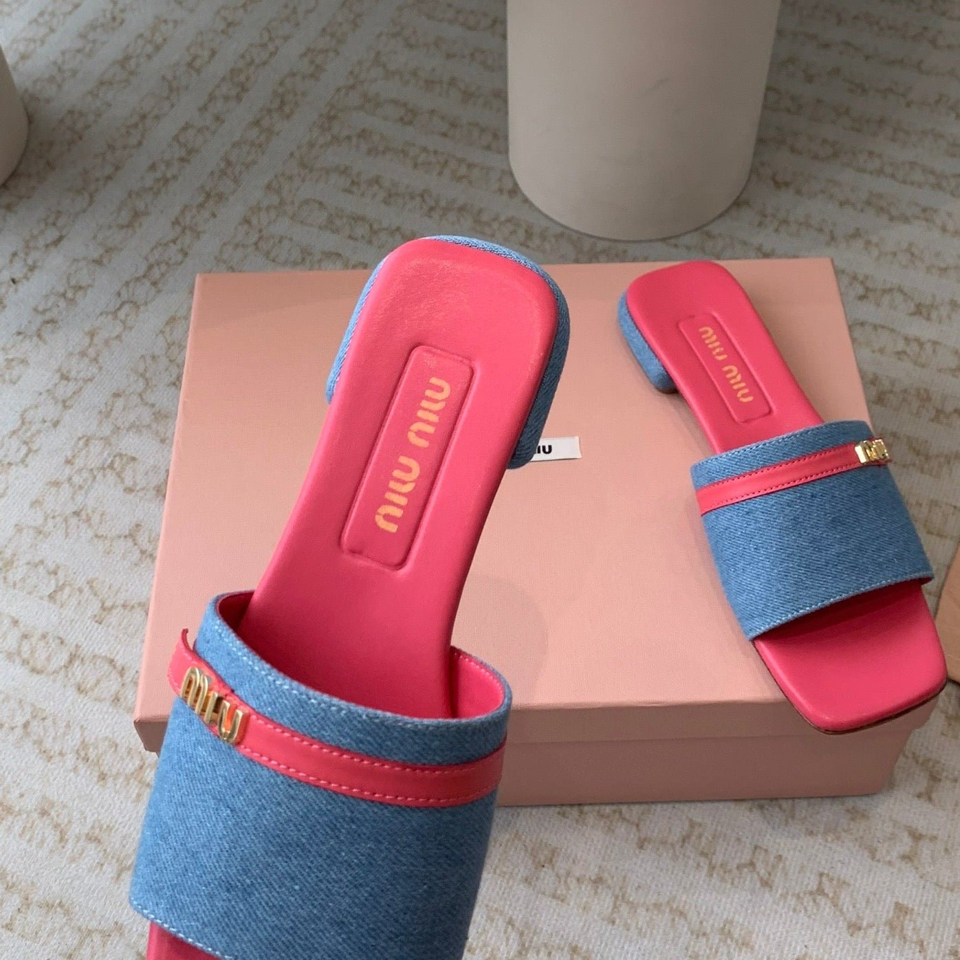 Women's Deep Pink Denim Slippers With Azure Blue Straps And Belt - Image 7