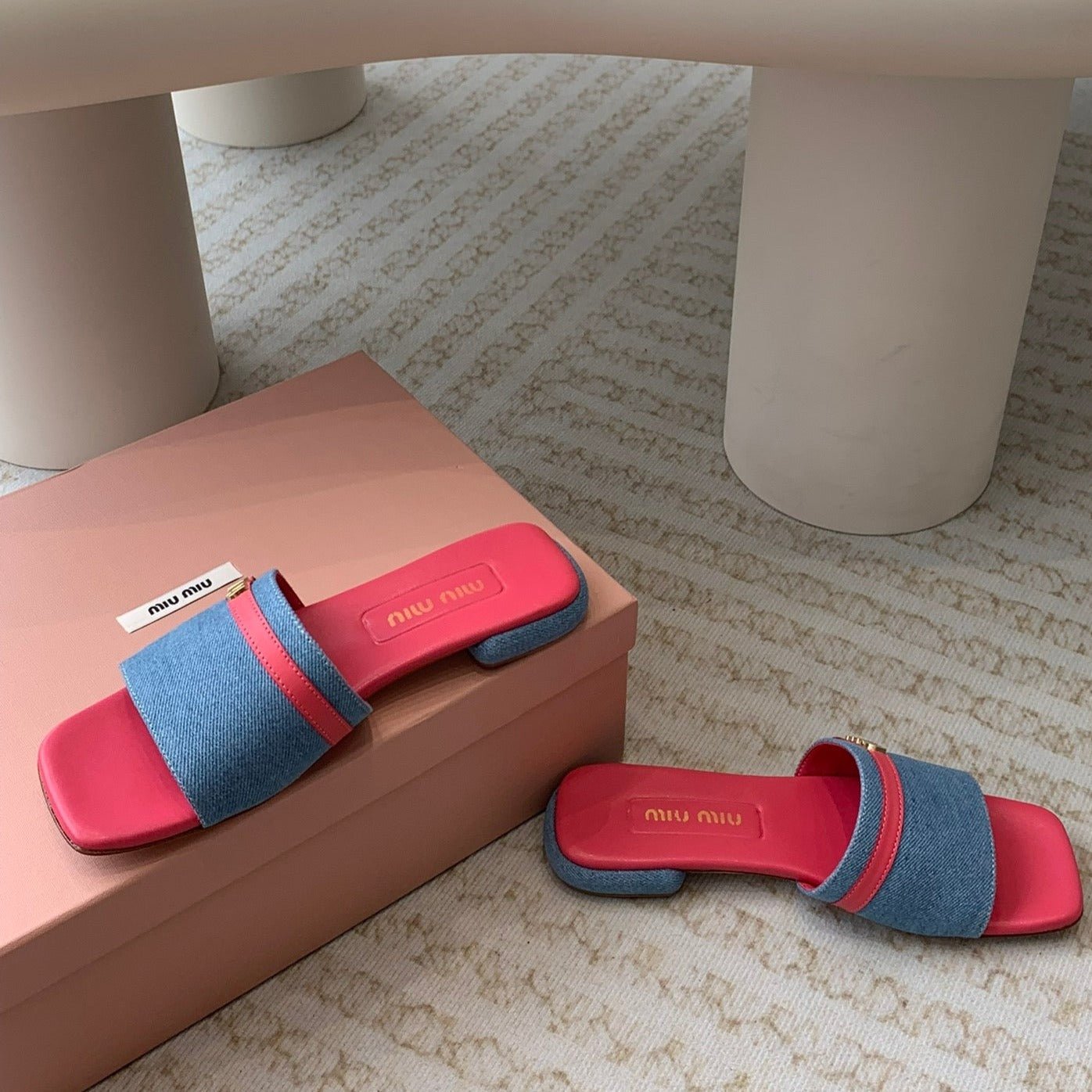 Women's Deep Pink Denim Slippers With Azure Blue Straps And Belt - Image 5
