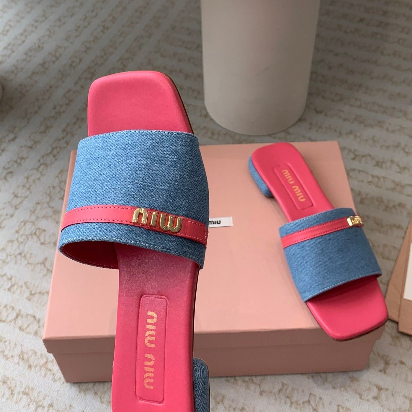 Women's Deep Pink Denim Slippers With Azure Blue Straps And Belt - Image 8