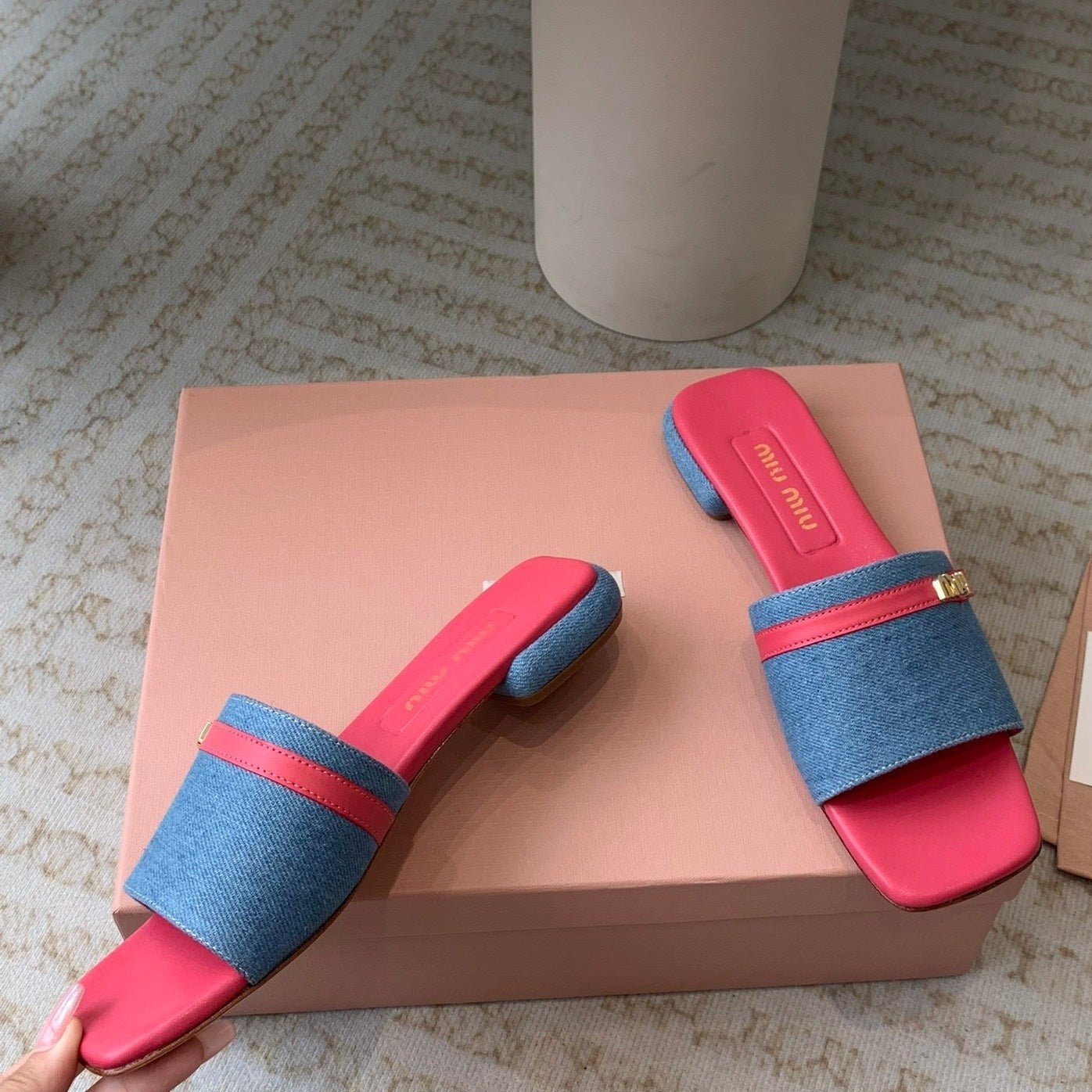 Women's Deep Pink Denim Slippers With Azure Blue Straps And Belt - Image 6