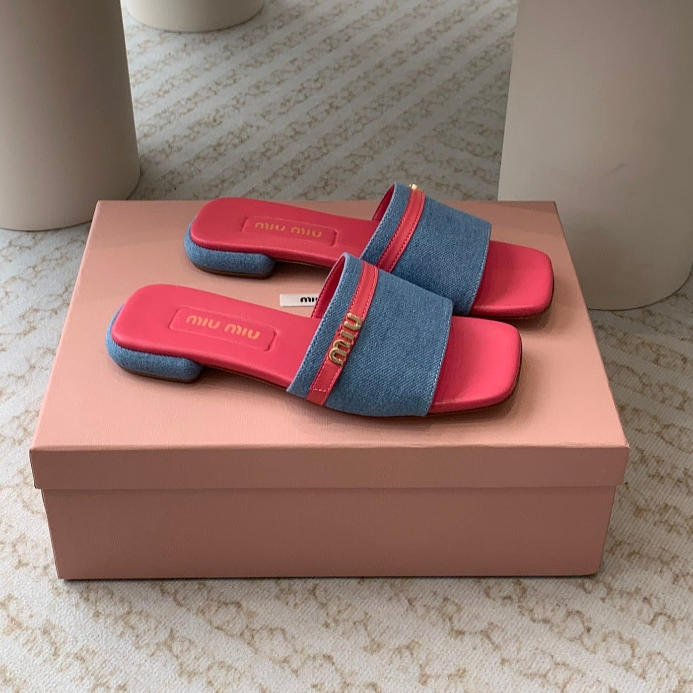 Women's Deep Pink Denim Slippers With Azure Blue Straps And Belt - Image 3