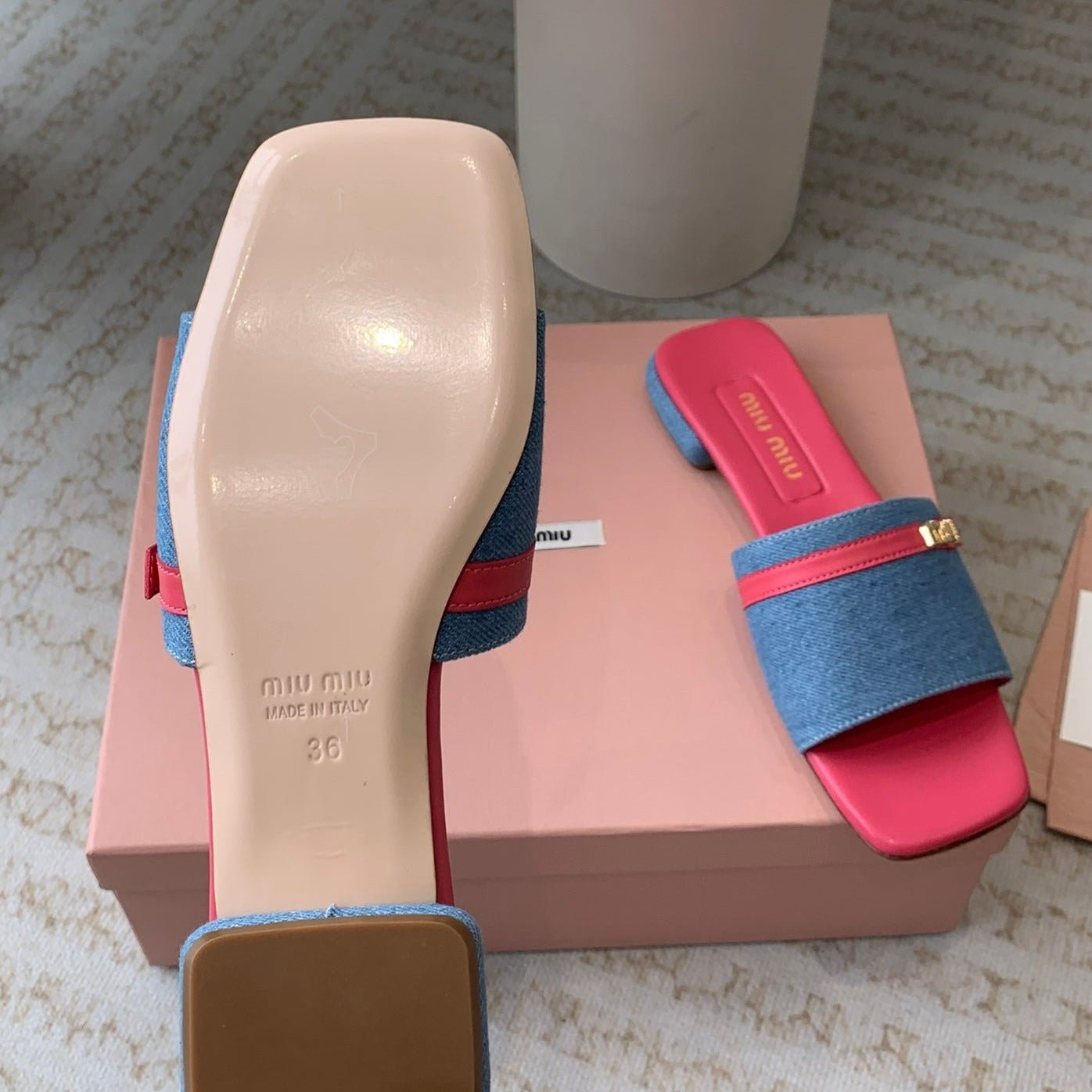 Women's Deep Pink Denim Slippers With Azure Blue Straps And Belt - Image 9