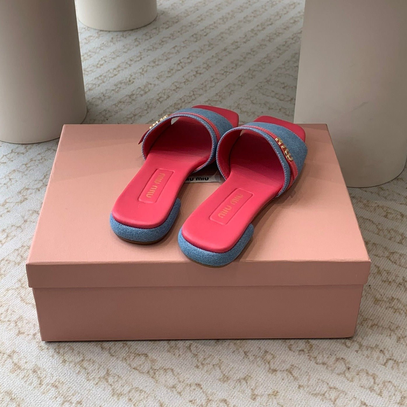 Women's Deep Pink Denim Slippers With Azure Blue Straps And Belt - Image 4
