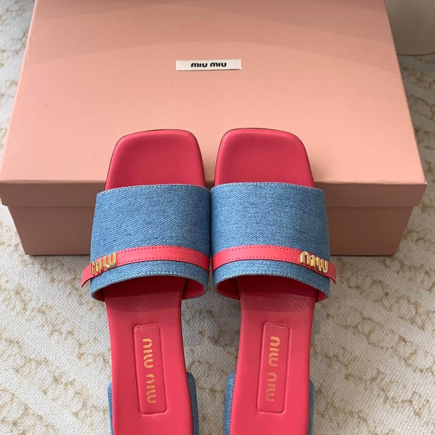 Women's Deep Pink Denim Slippers With Azure Blue Straps And Belt - Image 2
