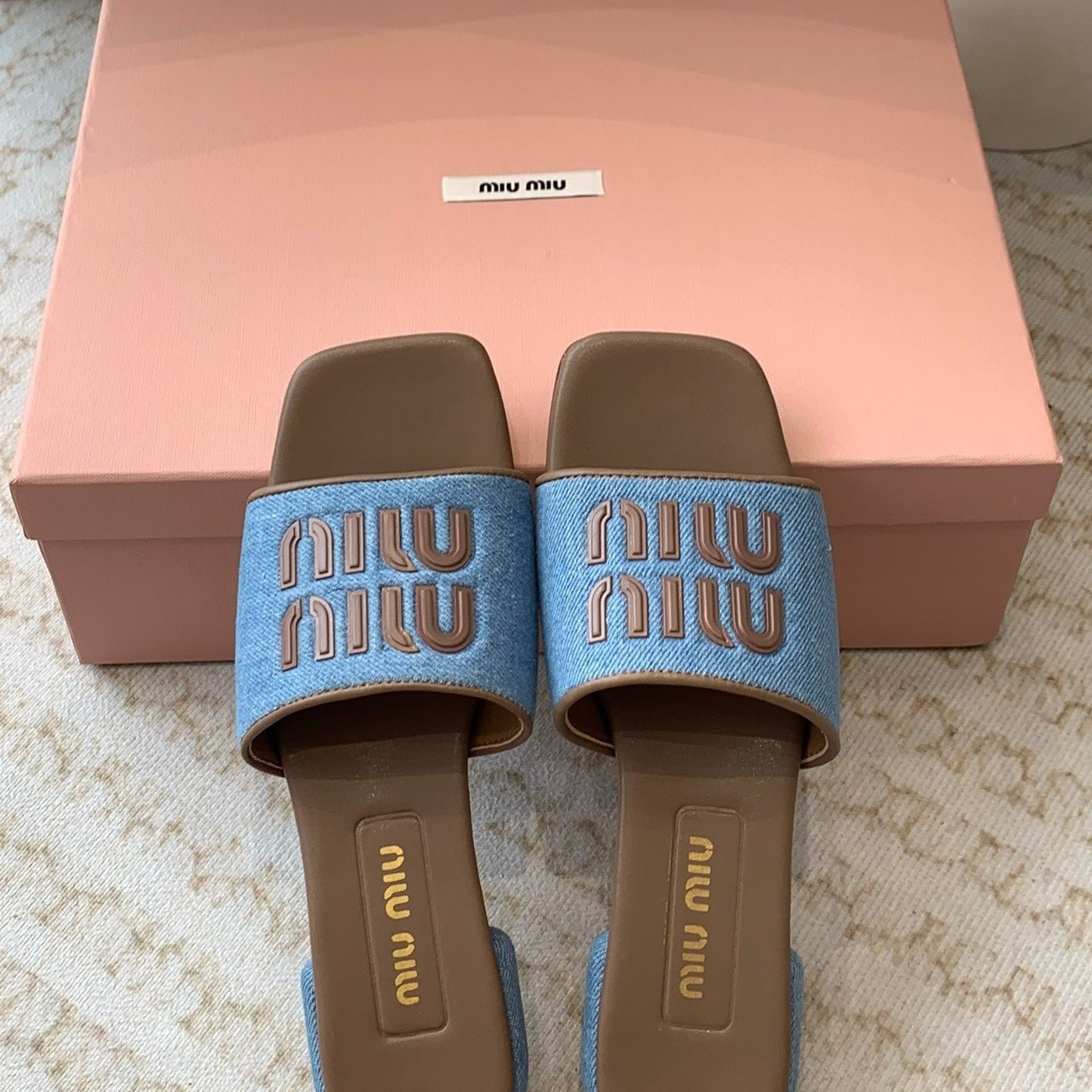 Women's Caramel Denim Slippers With Azure Blue Straps - Image 3