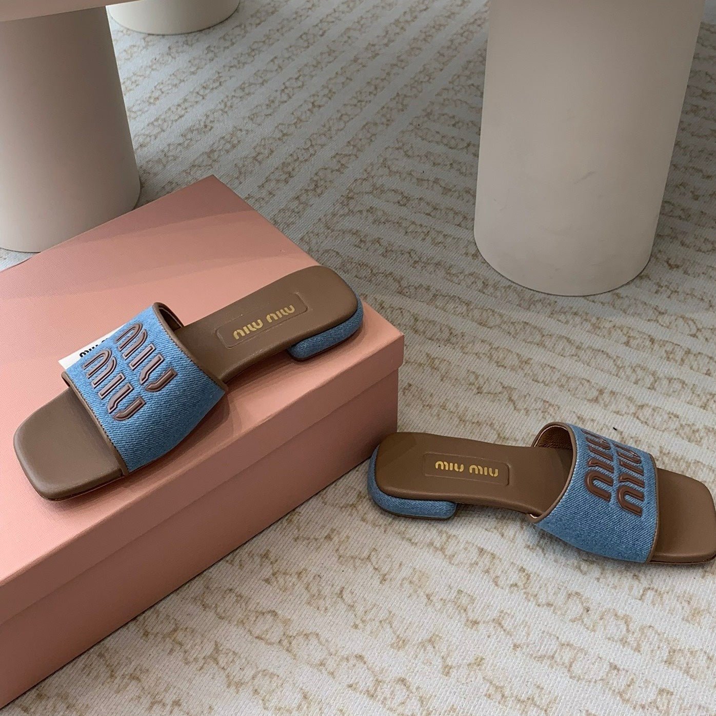 Women's Caramel Denim Slippers With Azure Blue Straps - Image 4