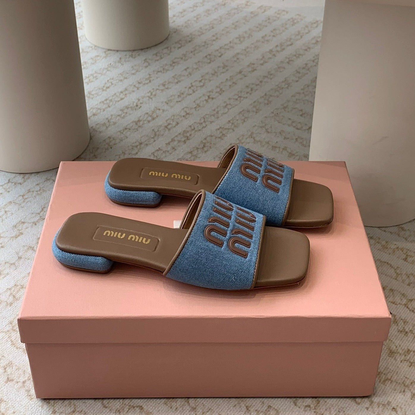 Women's Caramel Denim Slippers With Azure Blue Straps - Image 2