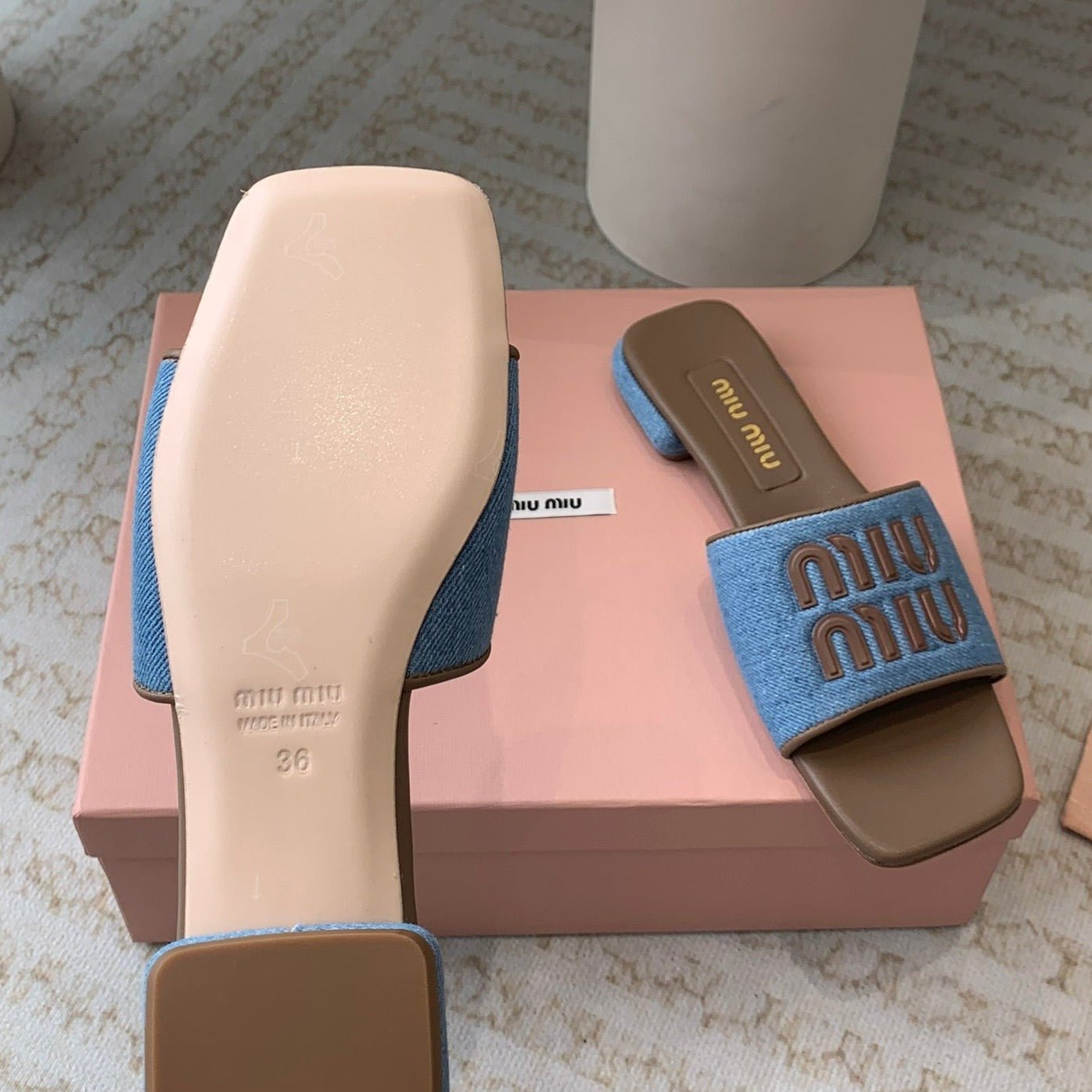 Women's Caramel Denim Slippers With Azure Blue Straps - Image 9