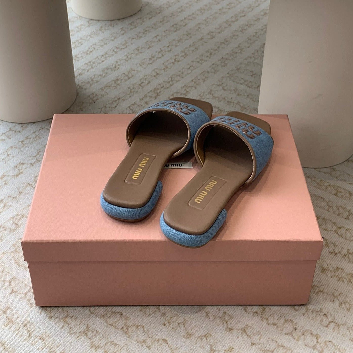 Women's Caramel Denim Slippers With Azure Blue Straps - Image 5