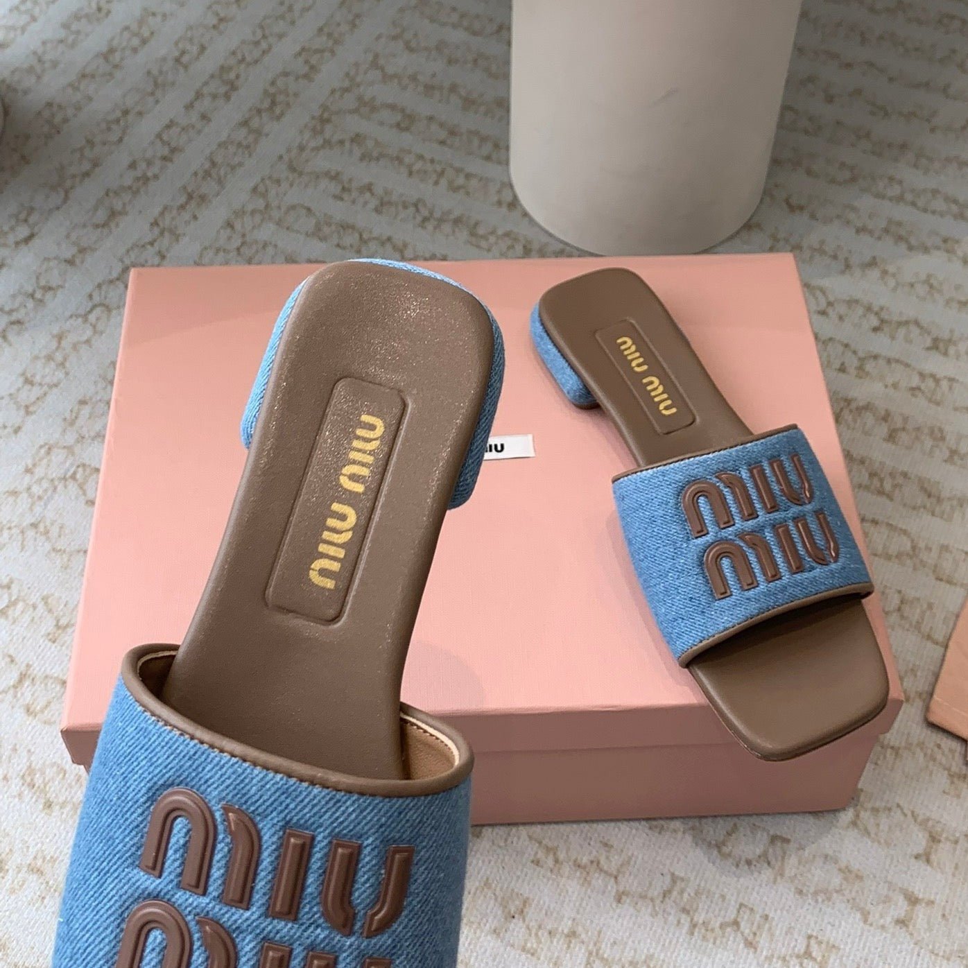 Women's Caramel Denim Slippers With Azure Blue Straps - Image 8
