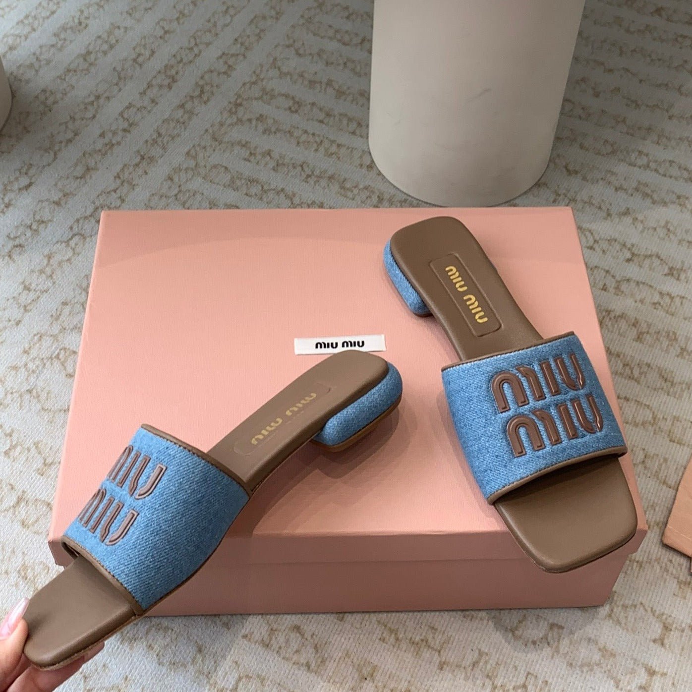 Women's Caramel Denim Slippers With Azure Blue Straps - Image 7