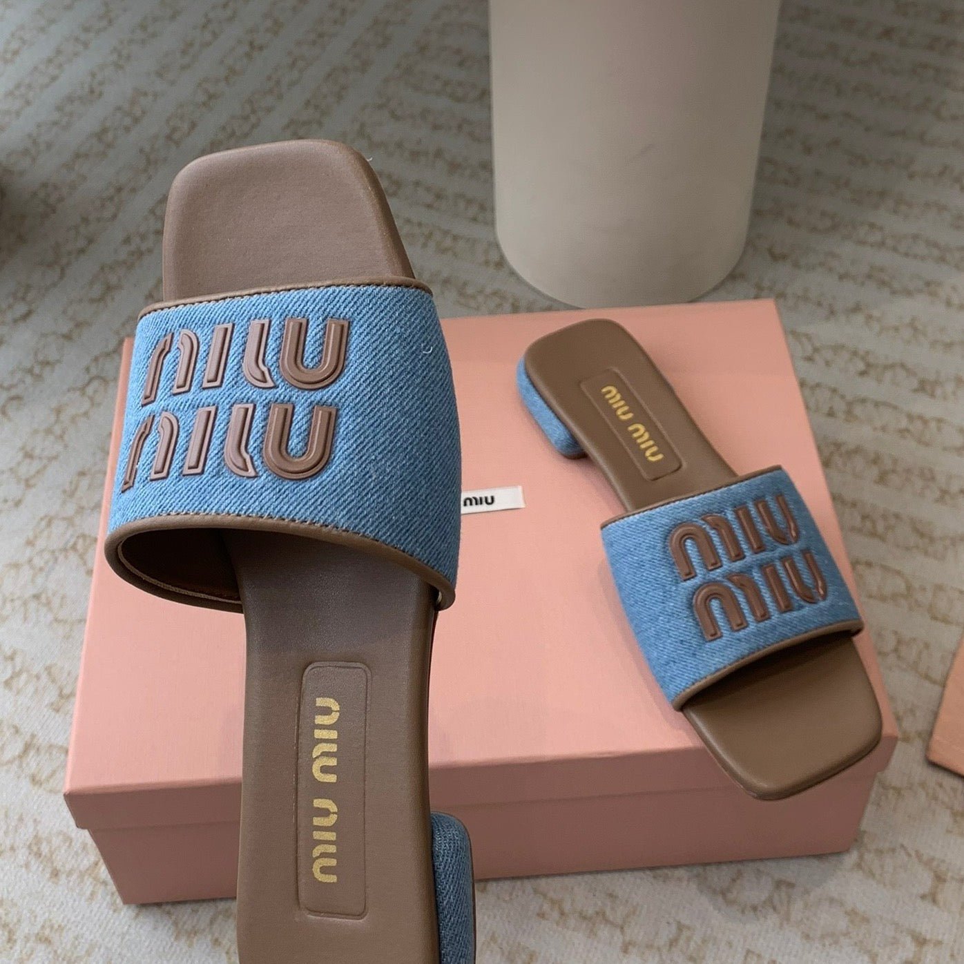 Women's Caramel Denim Slippers With Azure Blue Straps - Image 6