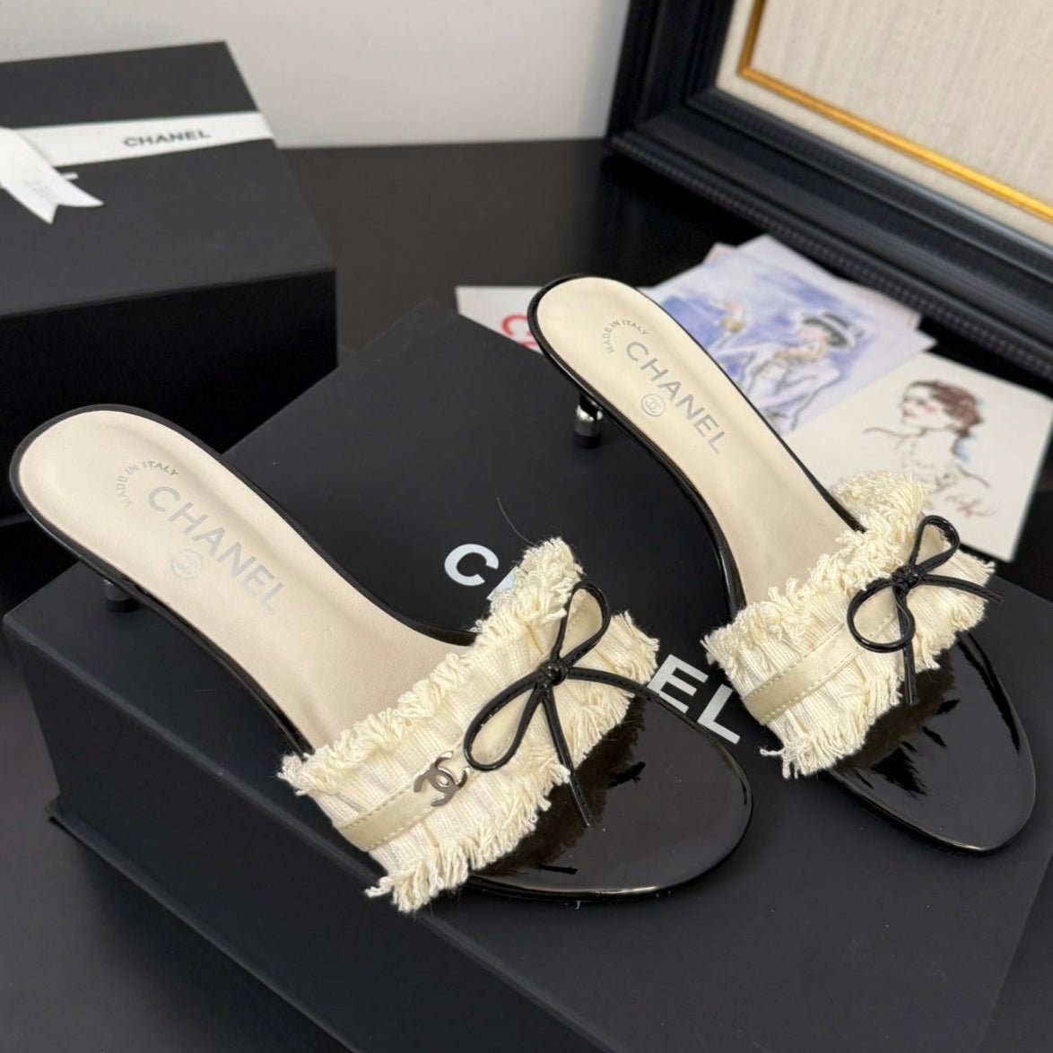 WHITE GROSGRAIN CANVAS BOW MULE SANDALS 65 MM