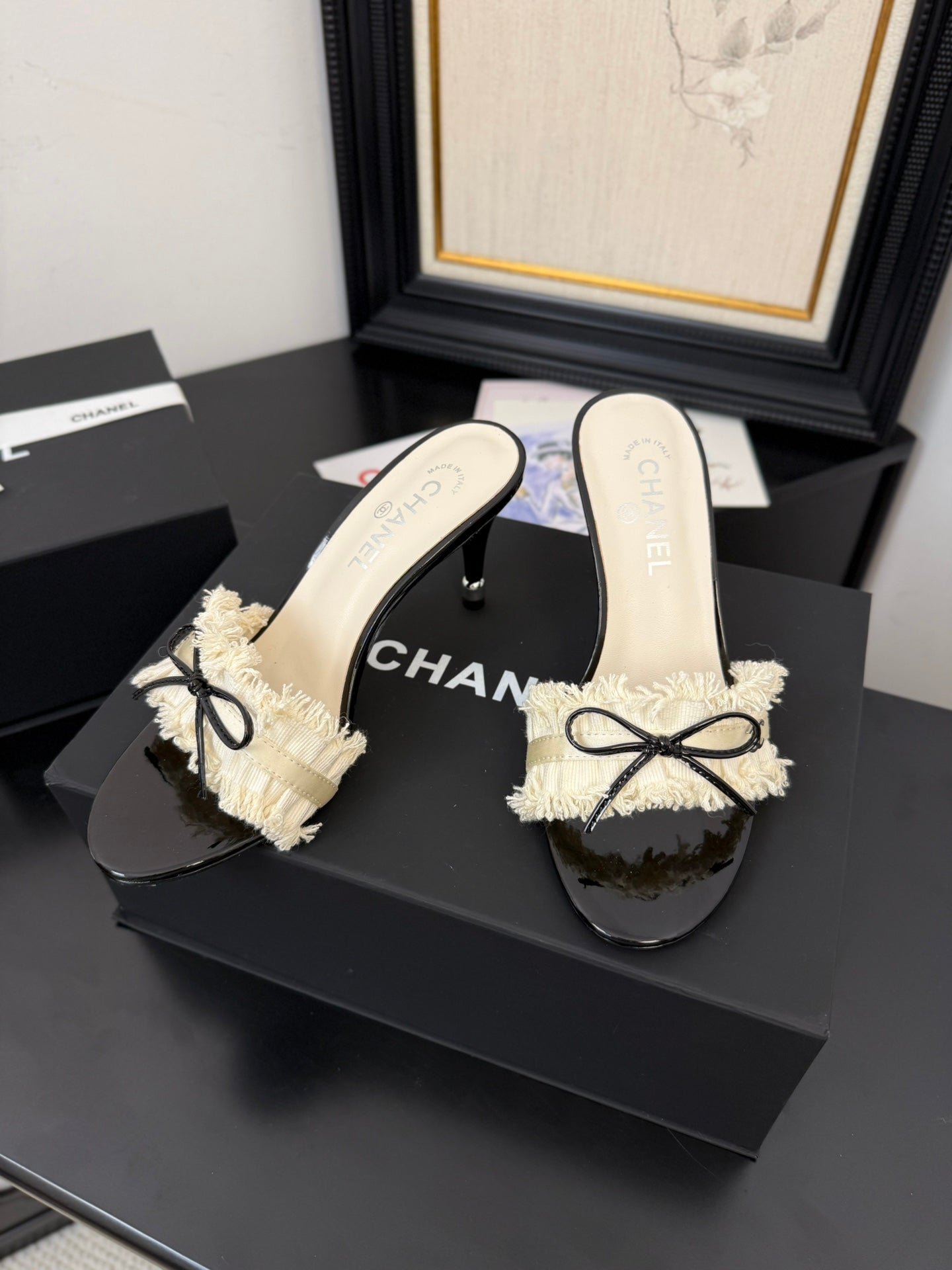 WHITE GROSGRAIN CANVAS BOW MULE SANDALS 90 MM - Image 2