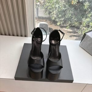 PLATFORM ANKLE STRAP HEELS IN BLACK SMOOTH CALFSKIN