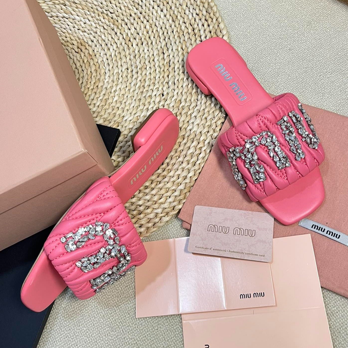 Women's Neon Pink Leather Diamond Slippers - Image 7