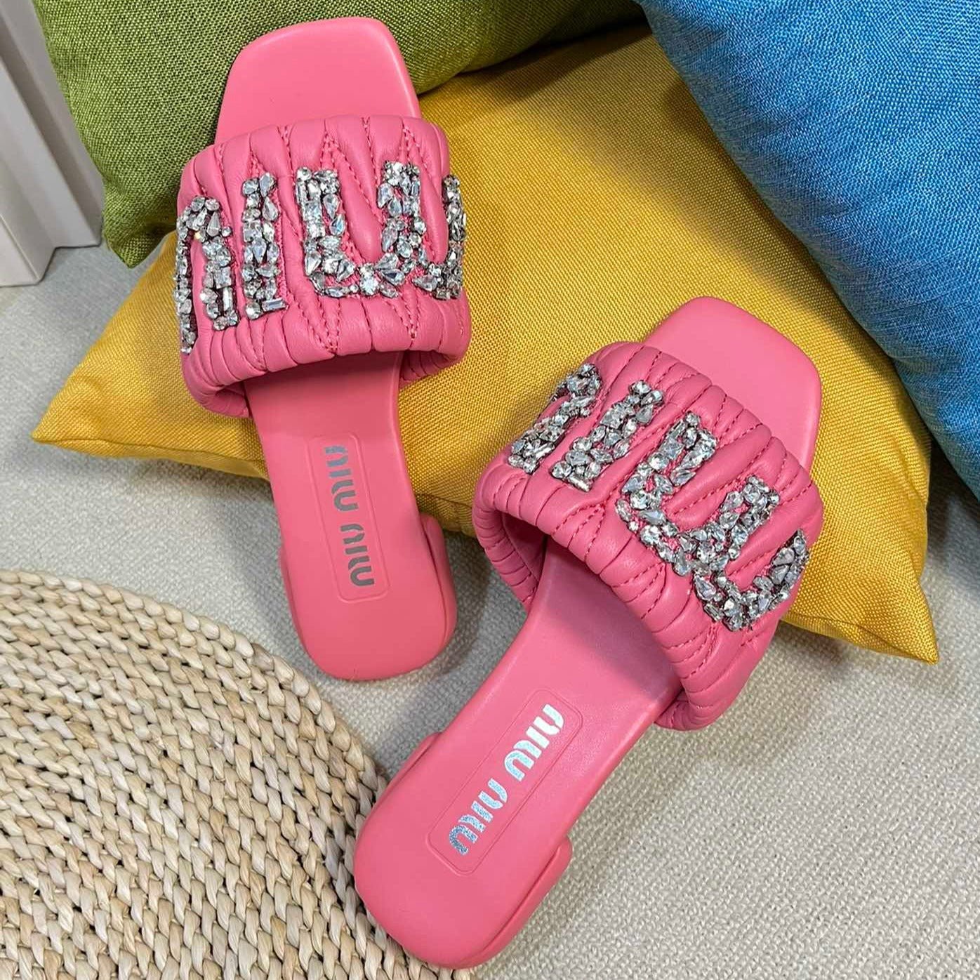 Women's Neon Pink Leather Diamond Slippers - Image 4