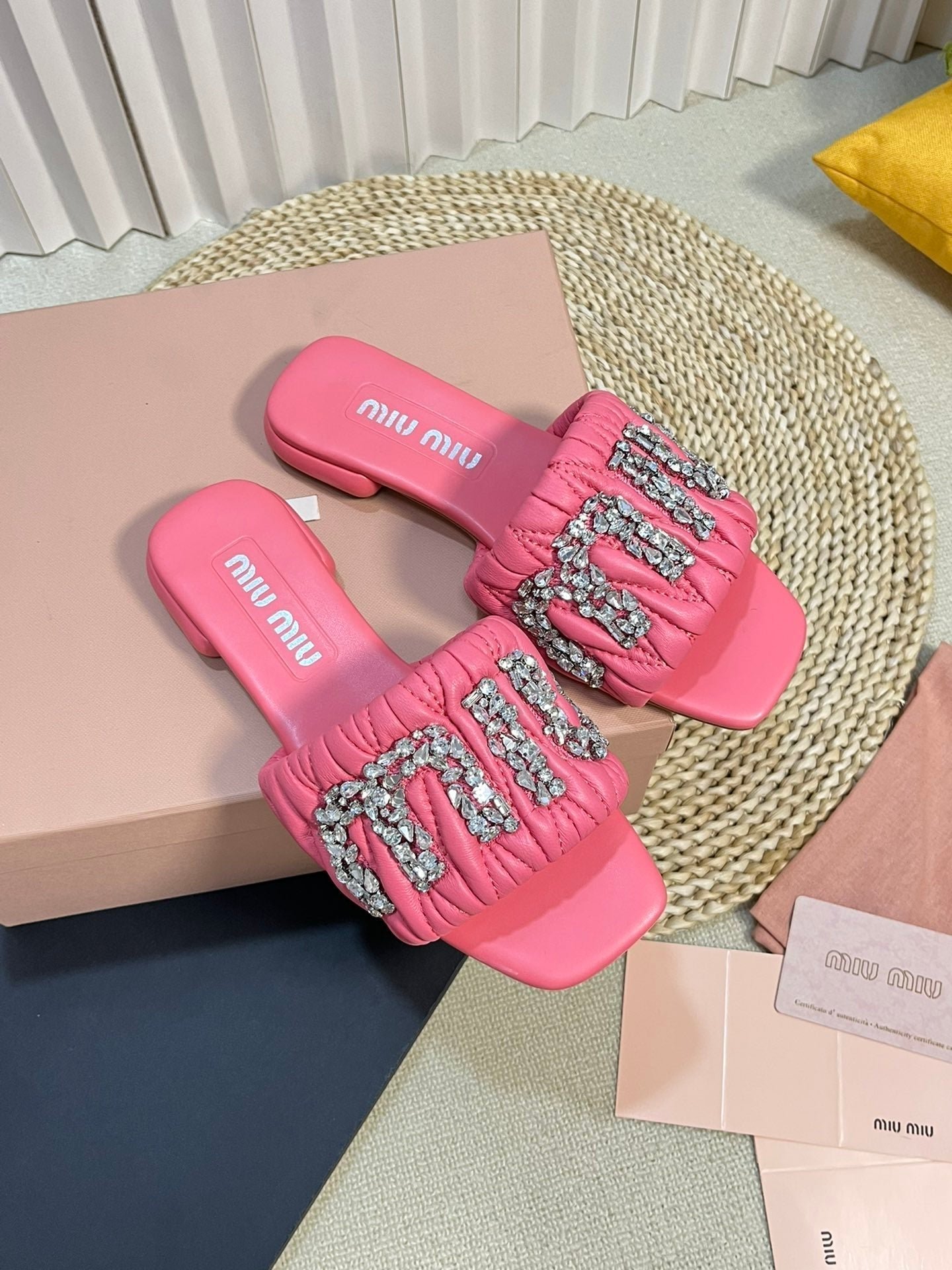 Women's Neon Pink Leather Diamond Slippers - Image 10