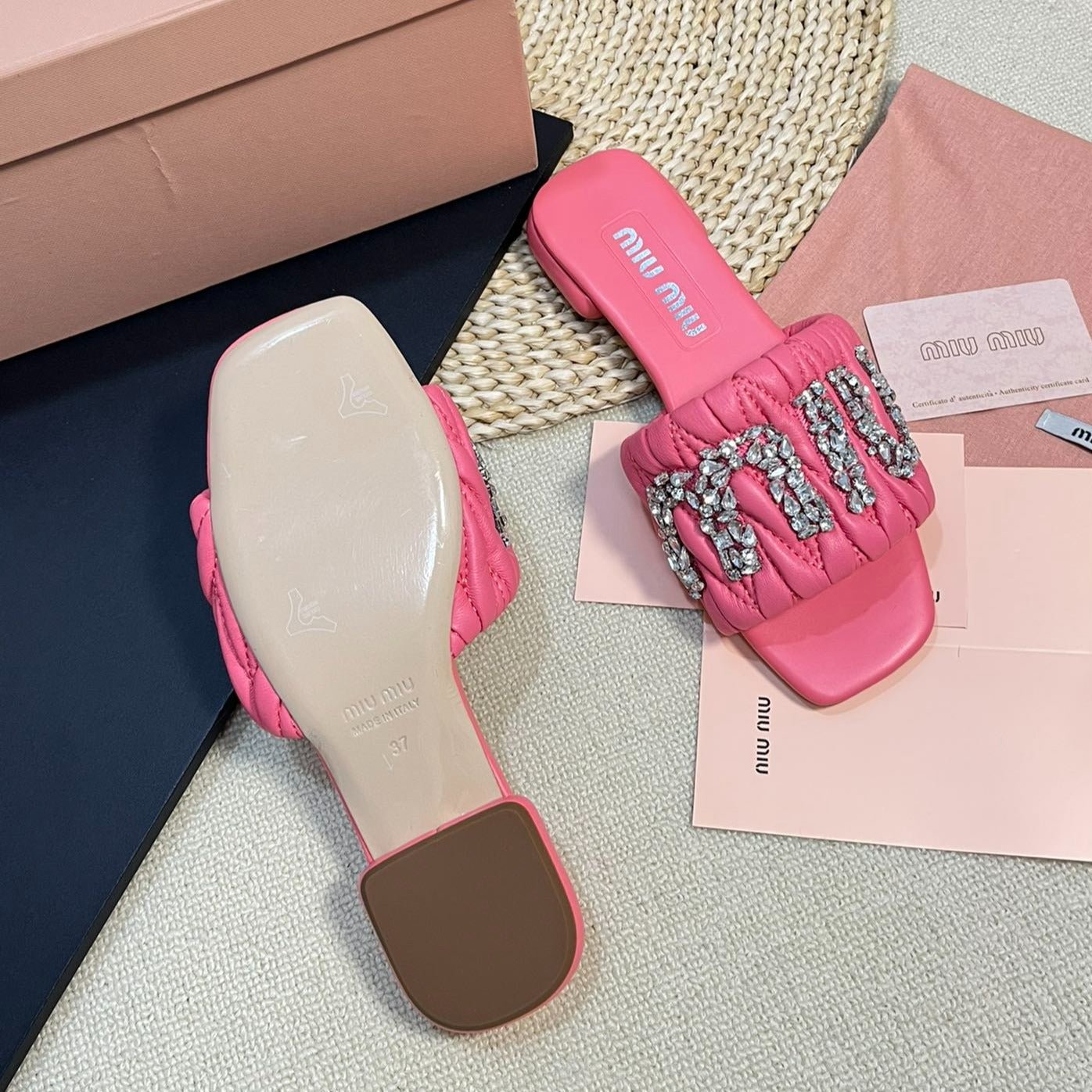 Women's Neon Pink Leather Diamond Slippers - Image 9