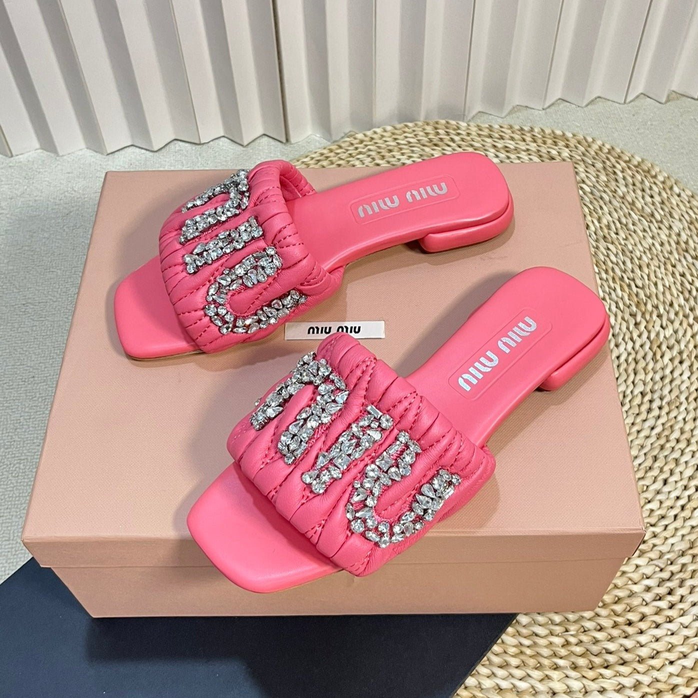 Women's Neon Pink Leather Diamond Slippers - Image 2