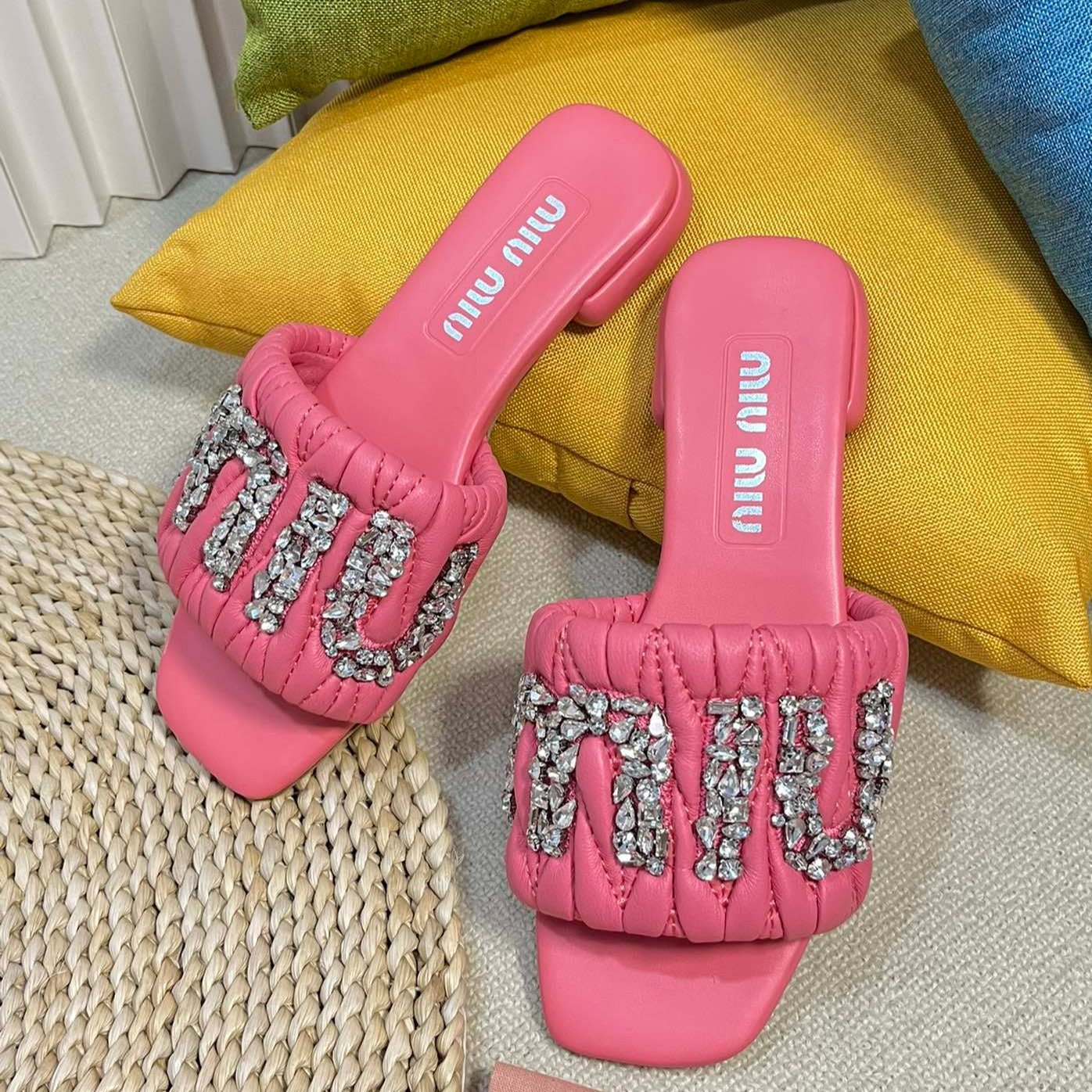 Women's Neon Pink Leather Diamond Slippers - Image 3