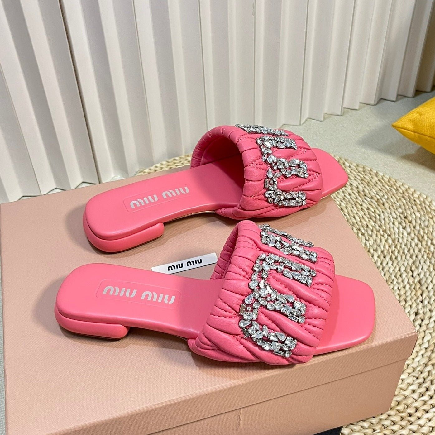 Women's Neon Pink Leather Diamond Slippers - Image 5