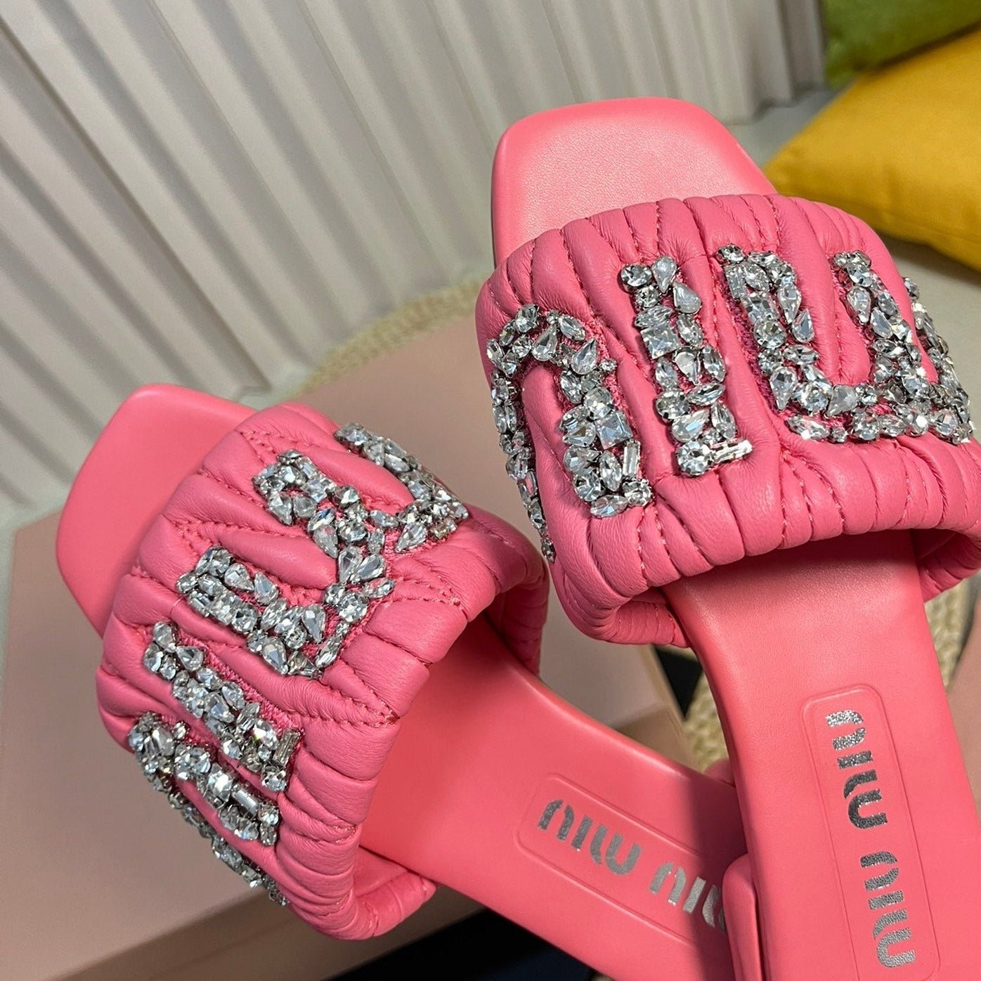 Women's Neon Pink Leather Diamond Slippers - Image 6