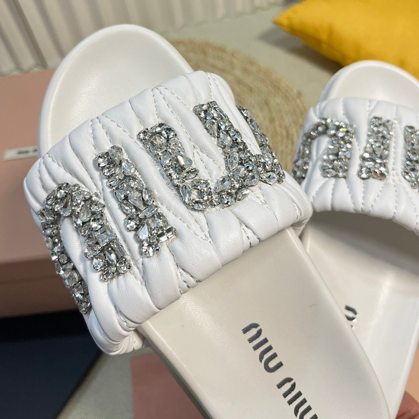 White Sheepskin Diamond Slippers - Image 7